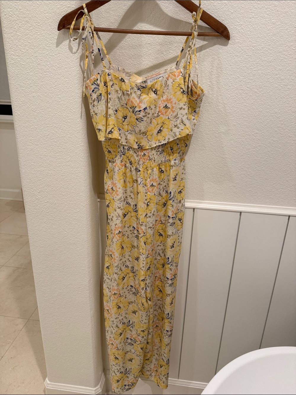 INTERMIX Yellow Floral Smocked Maxi Dress with Tie Straps